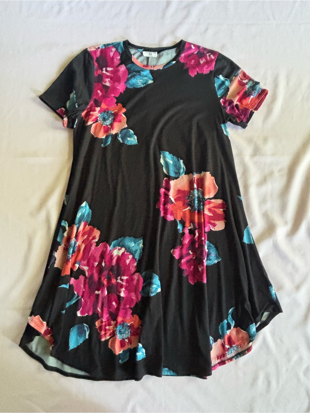 Amelia James Black Midi Dress with Pink and Teal Floral Print